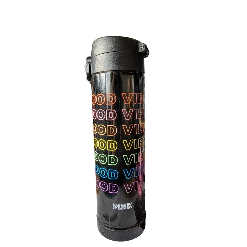 Victoria's Secret PINK Good Vibes black Rainbow Thermos Water Bottle with Flip L